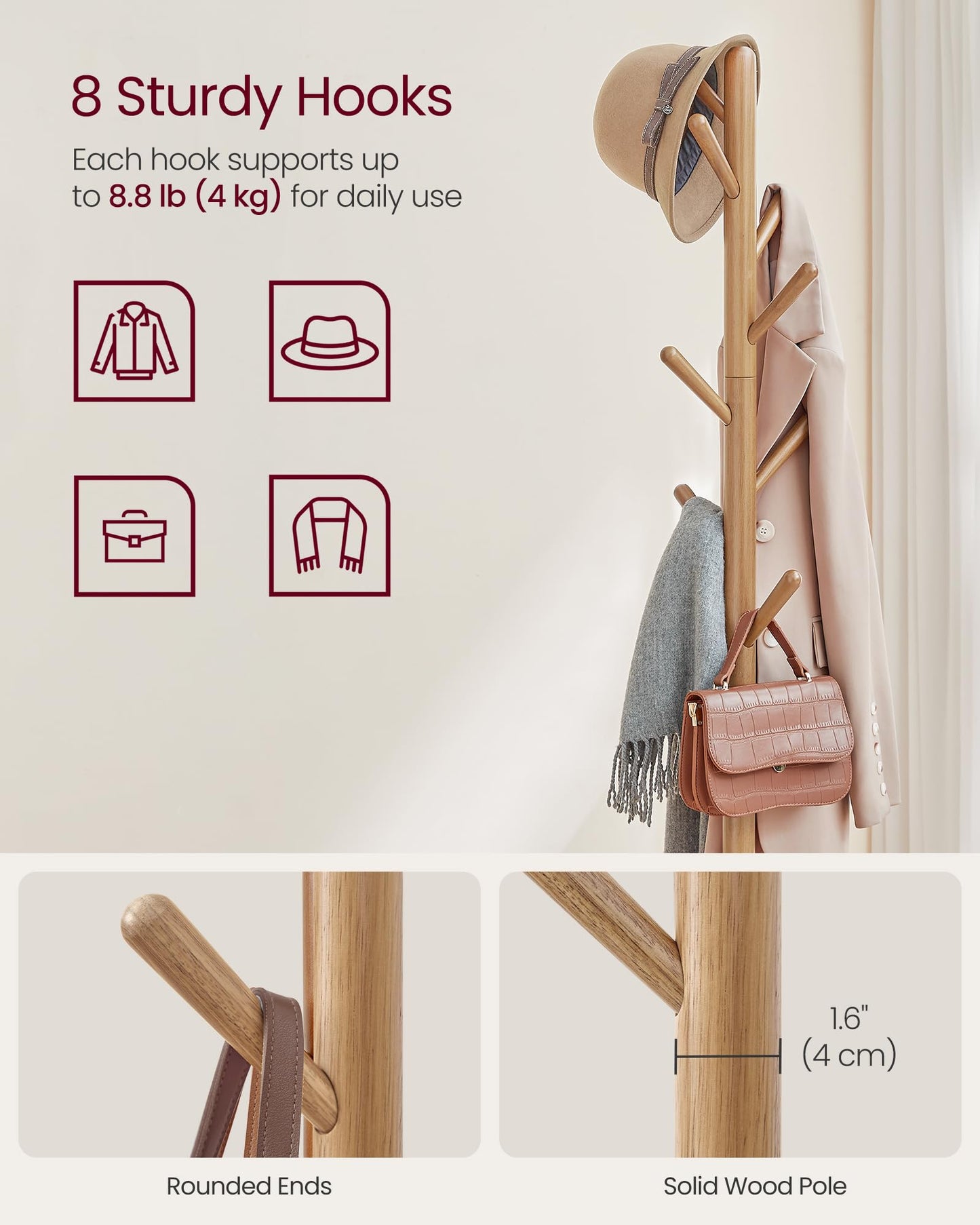 VASAGLE Coat Rack, Free Standing Coat Stand, Hall Coat Tree with 8 Hooks and Storage Shelf, 67.2