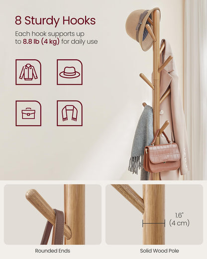 VASAGLE Coat Rack, Free Standing Coat Stand, Hall Coat Tree with 8 Hooks and Storage Shelf, 67.2
