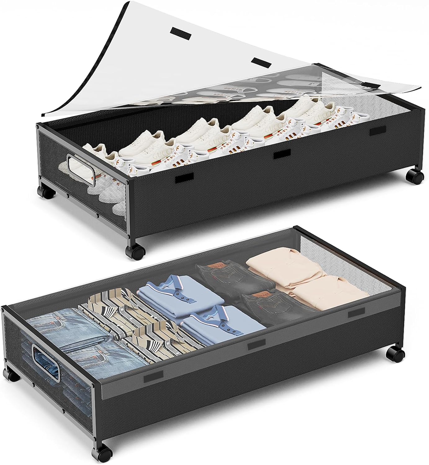Under Bed Storage Containers with Wheels, 2 Pack Underbed Shoe Storage Organizer with Removable Lids, Large Rolling Under Bed Storage Dresser Drawers for Clothes Toys Shoes Blankets