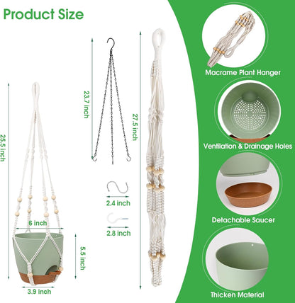 Hanging Planters for Indoor Outdoor Plants, 2 Pack Self Watering Hanging Pots, Hanging Plant Baskets with Drainage Holes & 2 Types of Plant Hangers (Green, 6'')