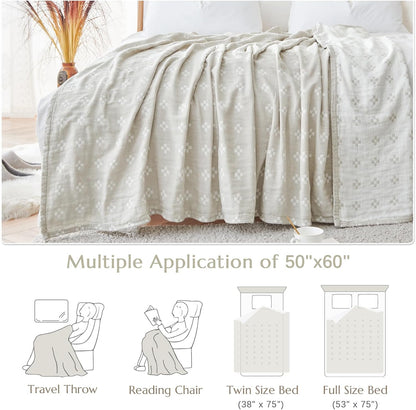 jinchan Boho 100% Cotton Blanket Muslin 50x60 Inches Lightweight 3-Layer Geometric Cross Pattern Reversible Quilt Throw Soft Breathable Comfy All Seasons for Couch Bed Decor, Light Grey
