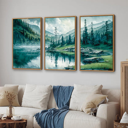 Tinonedraw Large Nature Forest Framed Canvas Wall Art Set, Boho Mountains Calming Lake Wall Decor, Green Pine Trees Artwork, Northern Wilderness Art Painting for Living Room Bedroom Office 16"x24"x3