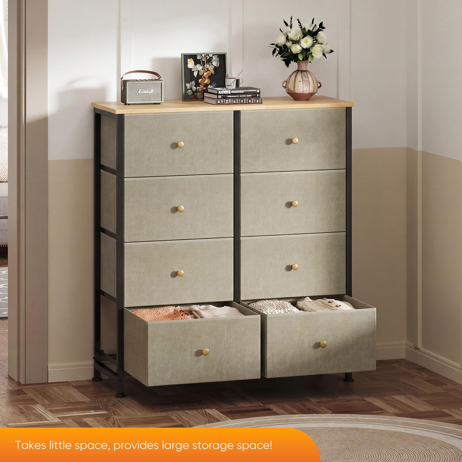 Sweetcrispy 8 Drawer Fabric Dresser, Tall Storage Tower for Bedroom