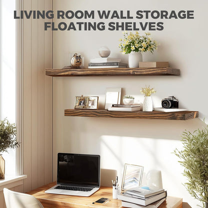 36"x6.8"x1.2" Solid Wood Floating Shelves 2-Pack - Rustic Brown Finish with Hidden Brackets, Perfect for Storage and Décor in Living Room, Kitchen, Bedroom