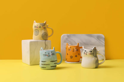 Bico Cartoon Cat Coffee Mugs Set of 4, Cute Ceramic Mugs with Unique Cats Faces, Stoneware Coffee Tea Mug Gifts for Cat Lovers, Women and Men, Microwave and Dishwasher Safe (10 oz)