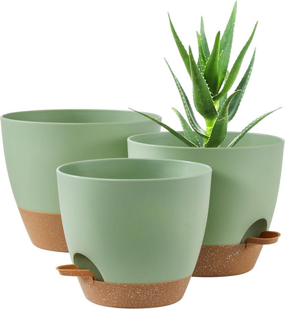 FaithLand 3-Pack Planter Pots, 10 9 8 Inch Self Watering Flower Pots for Indoor Outdoor Garden Plants, Green with Brown