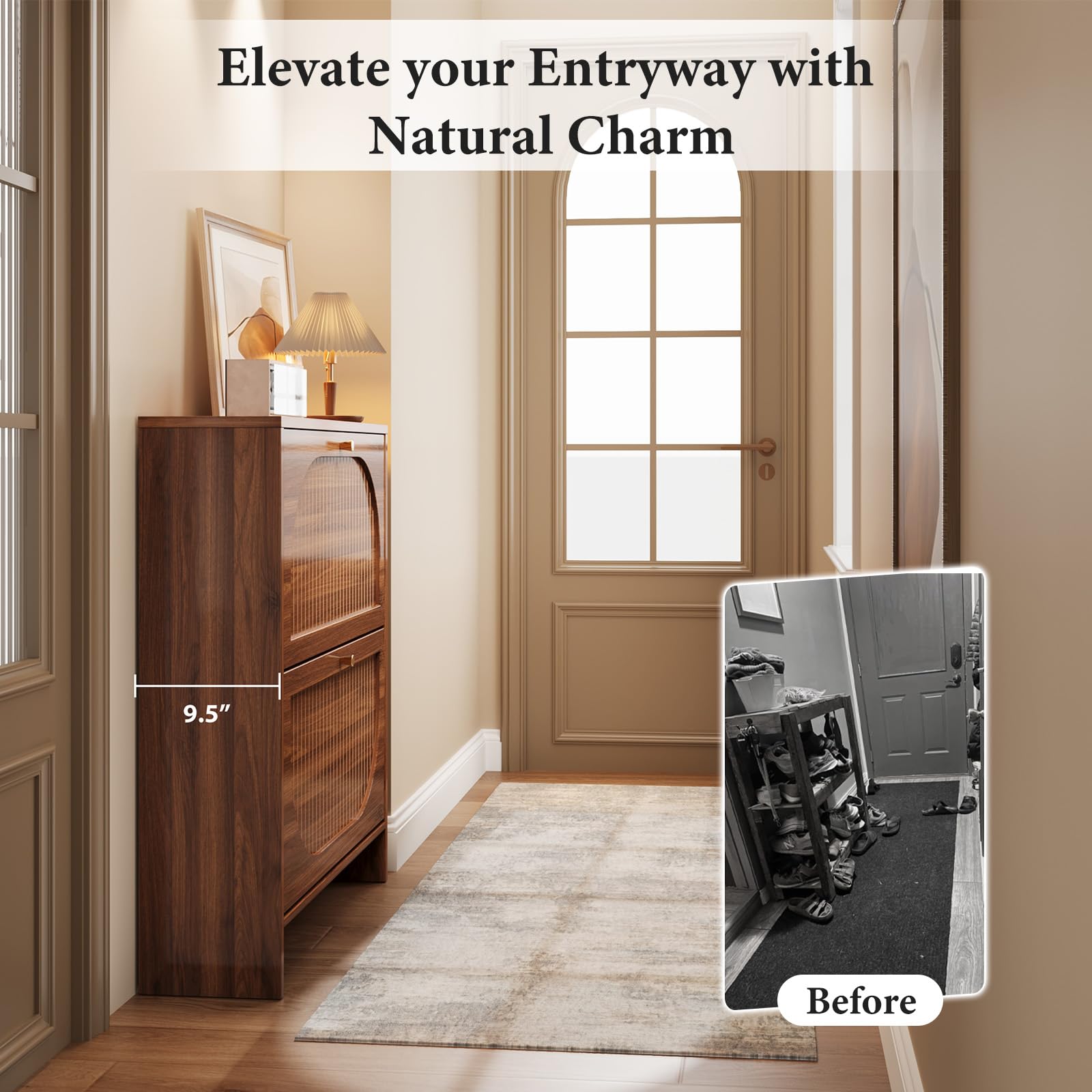 Nicetree Arch-Chic Shoe Cabinet for Entryway, Modern Mid-Century Shoe Storage Cabinet with Fluted