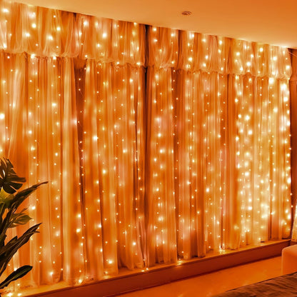 HXWEIYE 300LED Orange Fairy Curtain Lights with Remote 8 Modes Timer for Bedroom, 9.8x9.8Ft USB Plug in Christmas Fairy String Hanging Lights for Fall, Halloween, Weddings, Party, Wall, Decorations