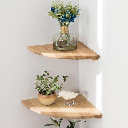Corner Shelves, Floating Corner Shelf, Set of 2 Solid Oak Wood Wall Shelves, Round End Wall Mount with Wire Hole Shelving for Small Plant for Bedroom Kitchen, Living Room 8.7“