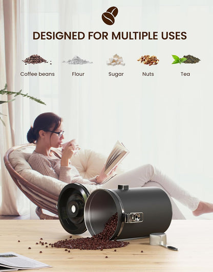 HAIOOU Airtight Coffee Canister Wood Grain [New Version], 22OZ Large Stainless Steel Coffee Bean Storage Container with Date Tracker, Measuring Scoop, CO2 Releasing Valves - Walnut and Gray