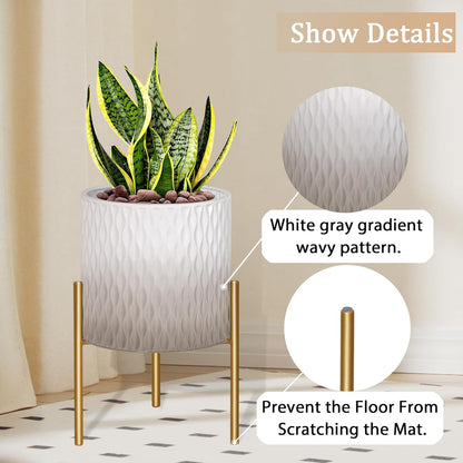 ARNIS Plants Pots with Stand, Set of 2 Indoor Planter Pots, Unique Mid Century Decorative Metal Flower Pots with Drainage,8.25 & 10.5 Inch, Grey and White