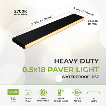 LUMENGY Paver Light Slim 0.5x18 Inch Glare-Free 2700K Warm White, Steel Brick Lighting for Pavers, Walls, Driveway & Pathway Borders, Waterproof IP67, 12V AC/DC Drive-Over Rated