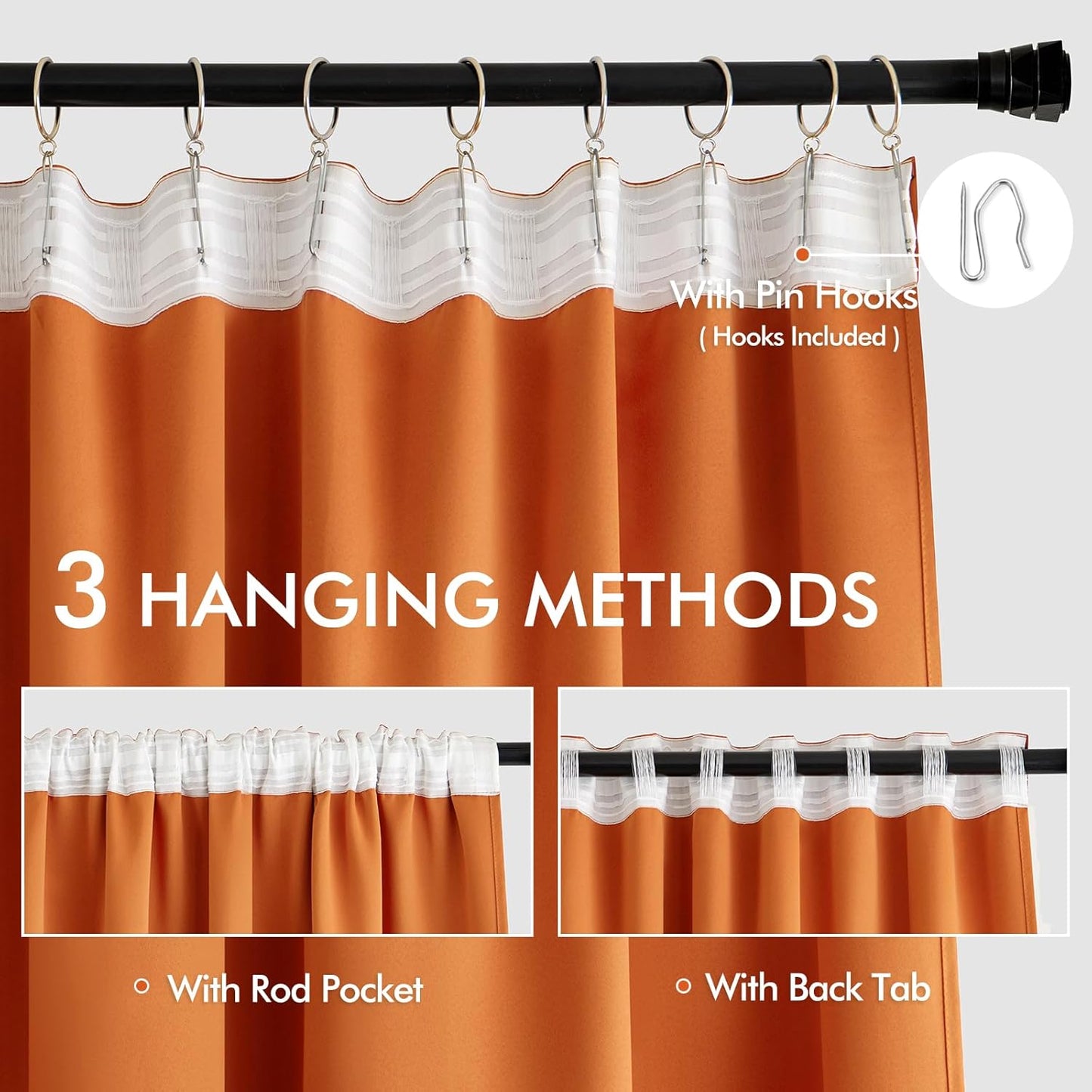 MIULEE Orange Back Tab Blackout Curtains 90 Inch Long 2 Panels Set for Living Room Bedroom Privacy, Rod Pocket/Pinch Pleated Fall Thermal Insulated Room Darkening Light Blocking Curtain, 52 x 90 Inch