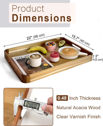 22 Inches Acacia Wood Serving Tray with Handles, Large Wooden Rectangle Ottoman Tray, Nice Home Decor for Living Room Coffee Table Couch, Ideal Size for Serving Food Breakfast BBQ Party