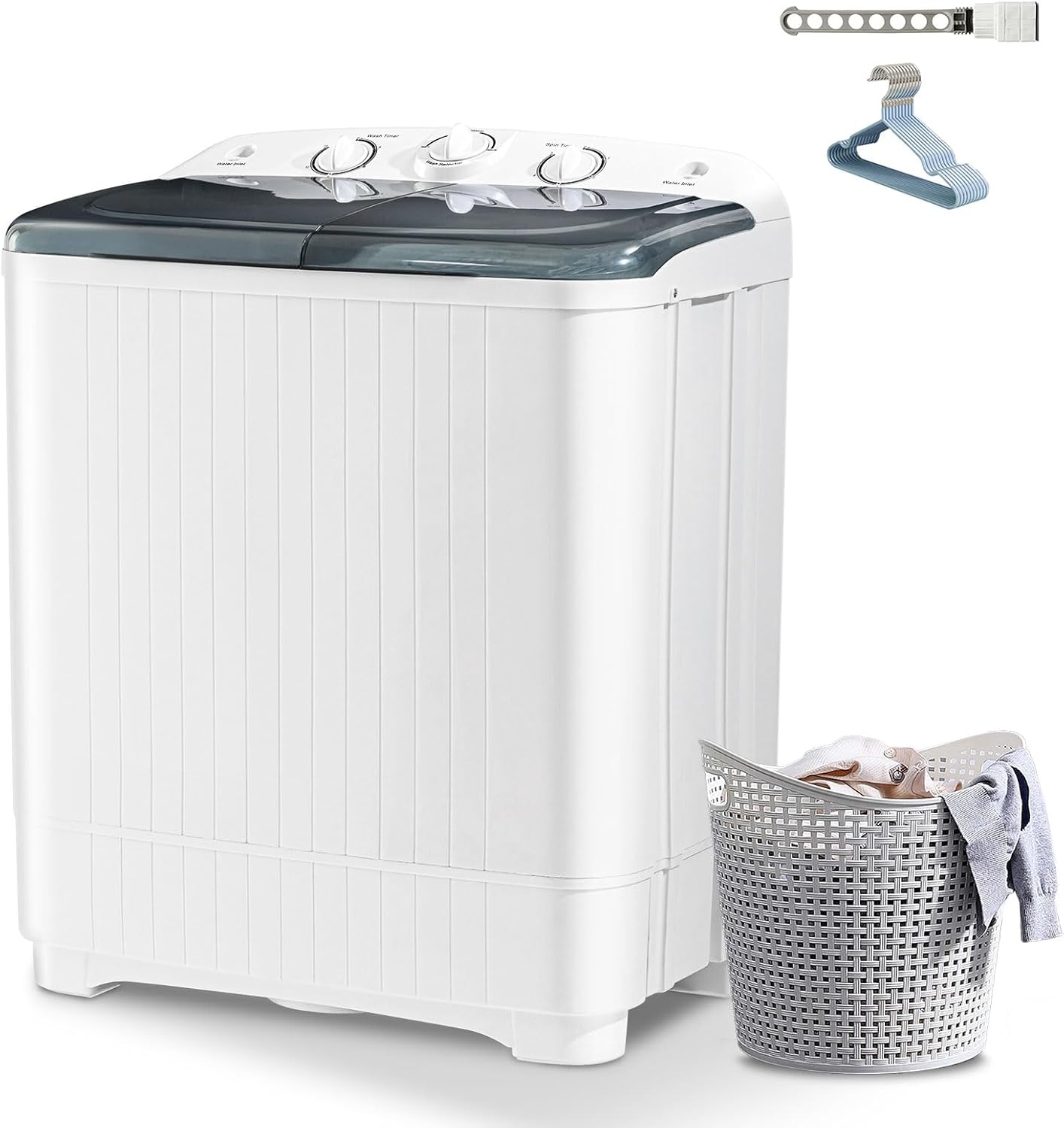 Portable Mini Twin Tub 22lbs Washing Machine With Drying Rack& 10 Hangers, 13lbs Washer & 9lbs Spinner, Small Laundry Washer with Time Control for Camping, Apartments, RV (22lbs)