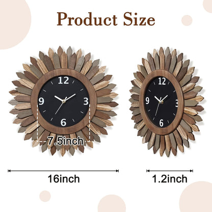 Honiway 16 Inch Wall Clocks, Rustic Wood Boho Sunburst Decorative Wall Clock Battery Operated Silent Non Ticking Farmhouse Large Wall Clocks for Living Room Kitchen Bedroom Home Decor (Tricolor)
