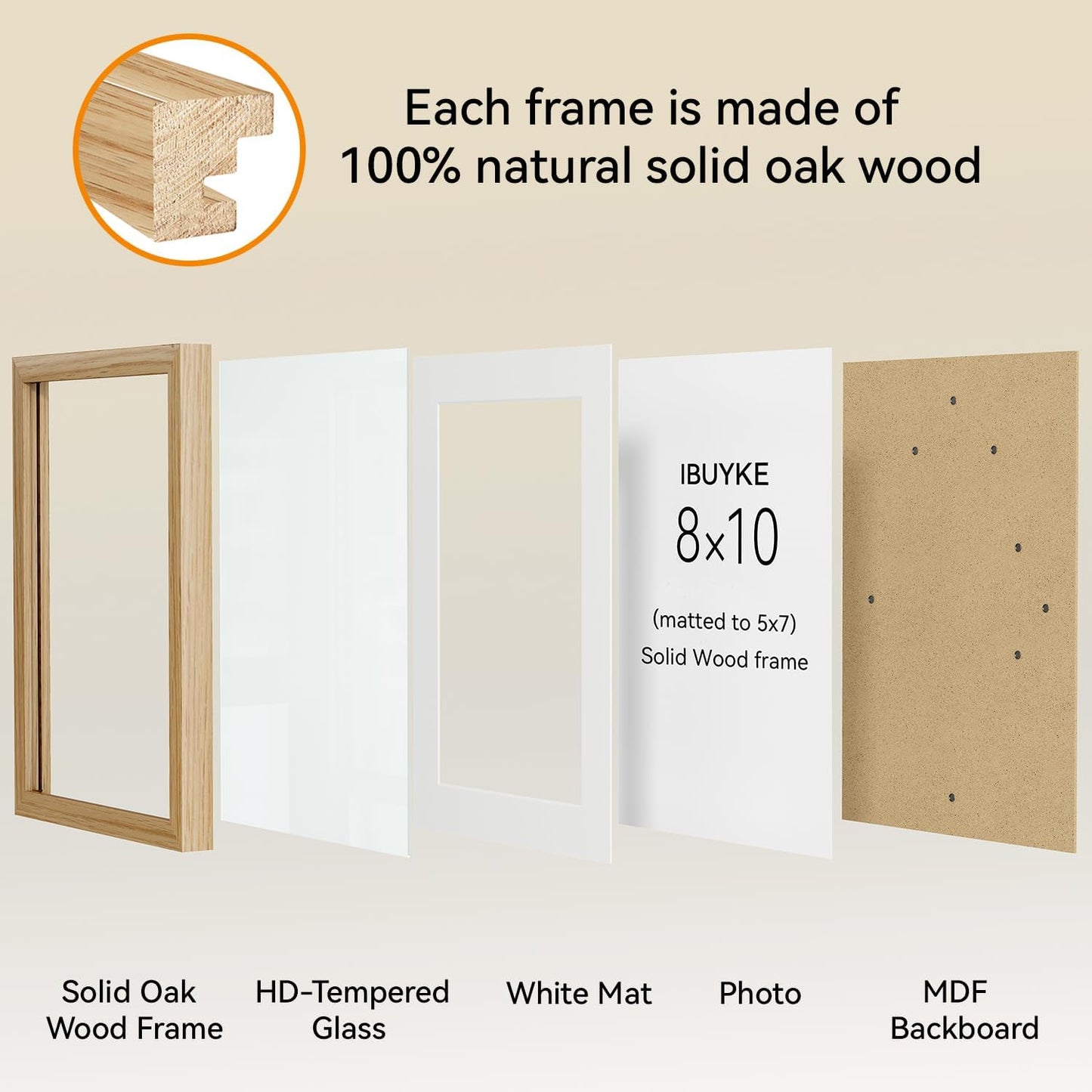 IBUYKE 8x10 Picture Frame,Solid Oak Wood 8x10 Photo Frame with Mat to 5x7,10x8 Picture Frames With Tempered Glass,Tabletop or Wall Mount Display,Home Decor,Natural Oak 8 x 10 Frame,UWPF0810N
