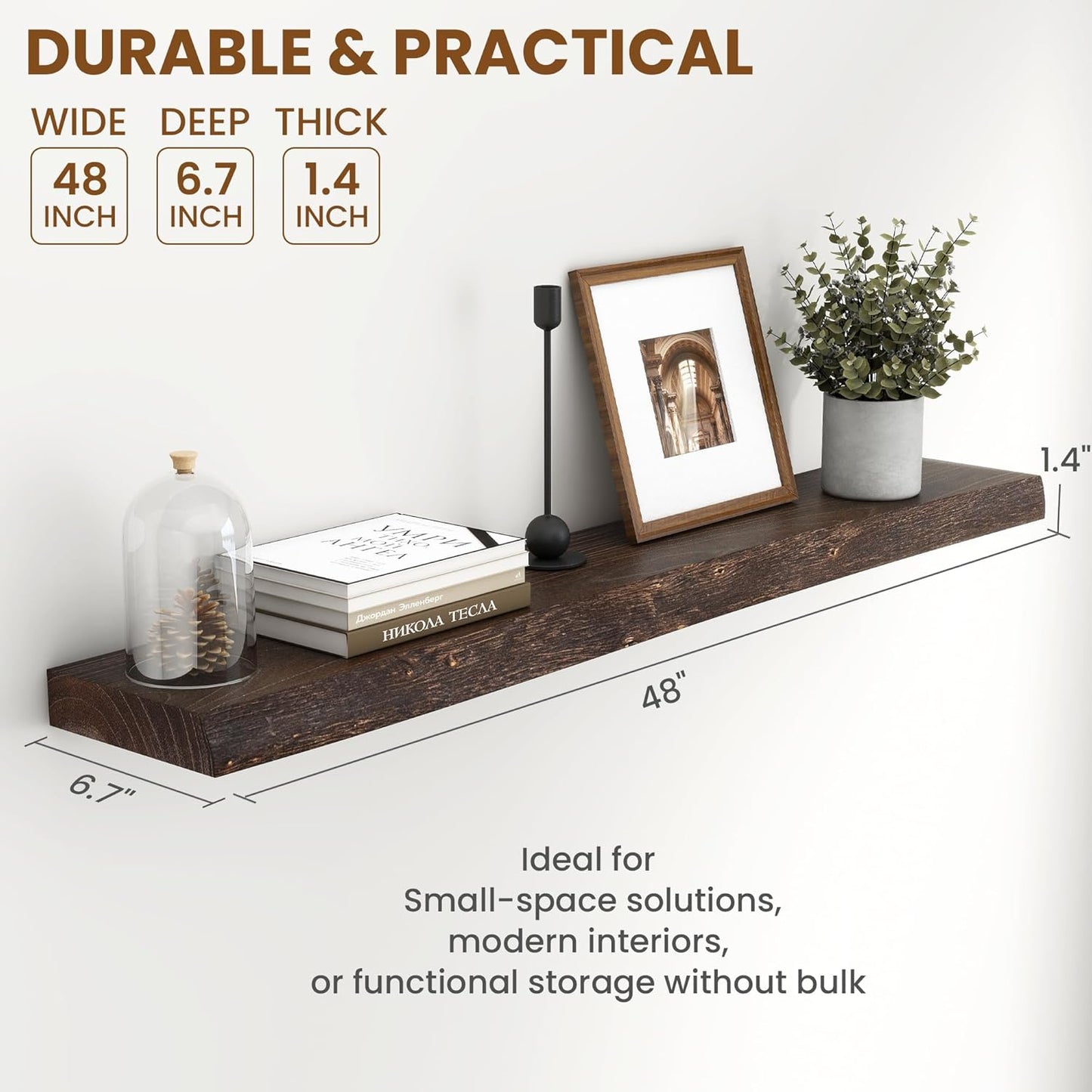 Fun Memories 48" Floating Shelves for Wall, Live Edge Solid Elm Wood Floating Shelf with Invisible Bracket, Wall Mounted Display Wooden Shelves for Bathroom, Kitchen, Bedroom, Walnut Color, Set of 1