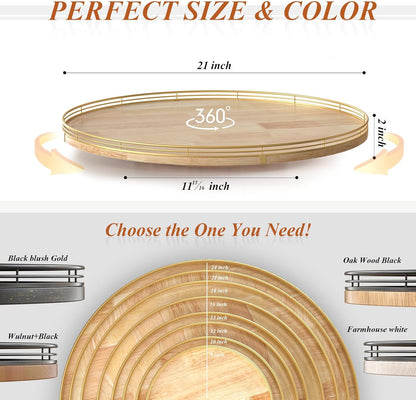 21-Inch Wooden Lazy Susan Turntable – Premium Oak & Iron, Extra Large Rotating Serving Tray for Dining Table, Kitchen Countertop, Farmhouse Décor, Spice Rack, Charcuterie & Entertaining