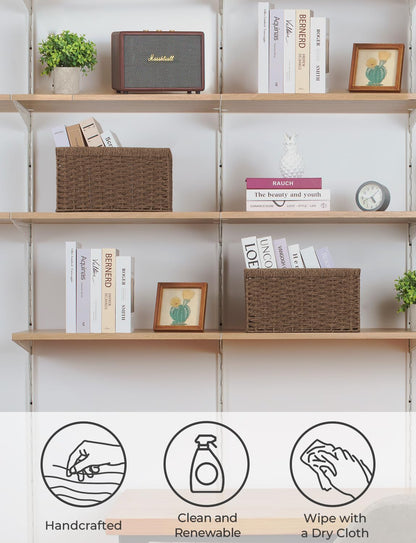 StorageWorks Round Paper Rope Storage Baskets, Rectangular Wicker Baskets with Built-in Handles, Medium, 2-Pack