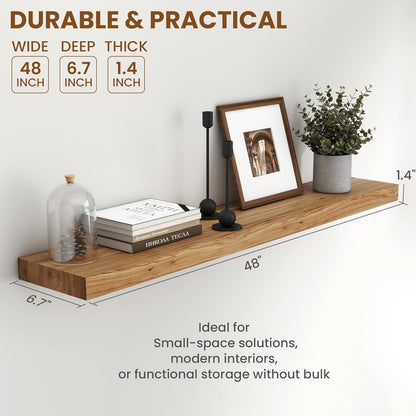 Fun Memories Rustic Elm Wood Floating Shelves for Wall, 48" Floating Shelf Wall Mounted, Long Floating Disply Shelf with Heavy-Duty Bracket for Living Room, Kitchen, Bathroom, Natural Color, Set of 1