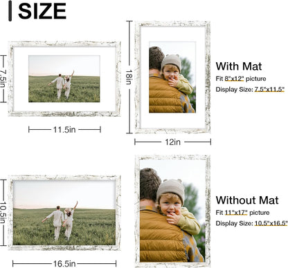 Vittanly 11x17 Picture Frames Set of 9, Shatter Resistant Plexiglass, Display 8x12 Pictures with Mat or 11x17 without Mat, Photo Frames for Wall Mount, Engineered Wood, Distressed White
