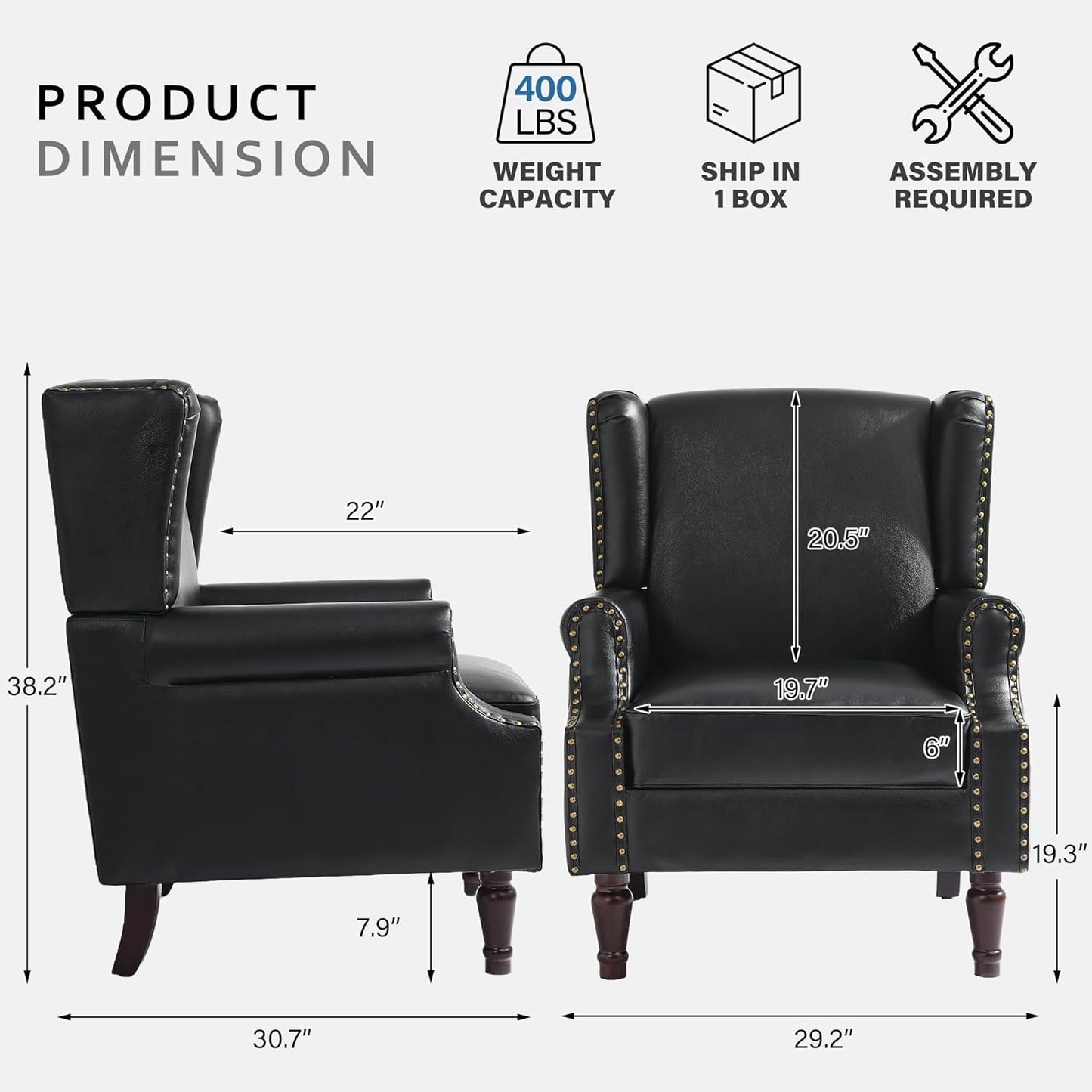 Accent Chairs, Faux Leather High Back Armchair Set of 2 or Living Room, Comfy Upholstered Single Sofa Reading Chairs with Solid Wood Legs for Office, Bedroom, Waiting Room-Black