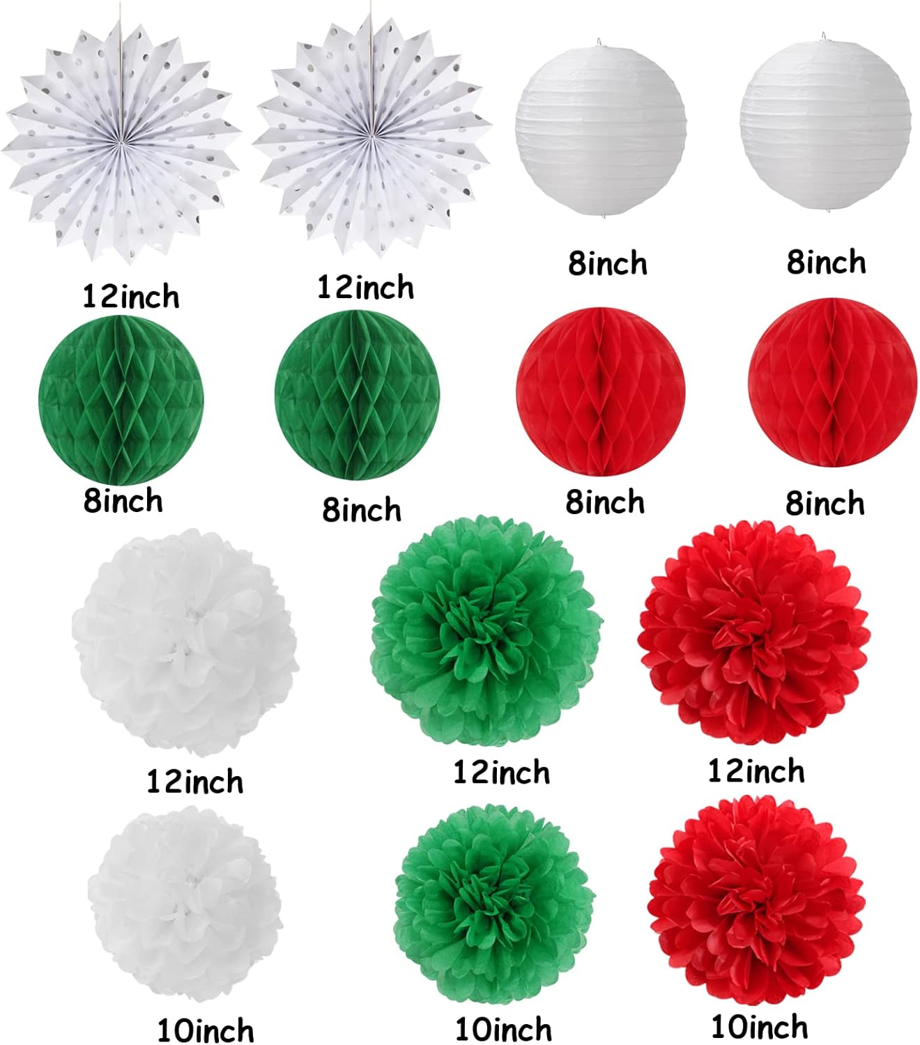 Red-Green White Party Decorations - 14pcs Winter Birthday New Year Paper Lanterns Fan,Italian Tissue Pom Poms Streamers,Honeycomb Balls, Wedding Baby Shower Decor Lasting Surprise