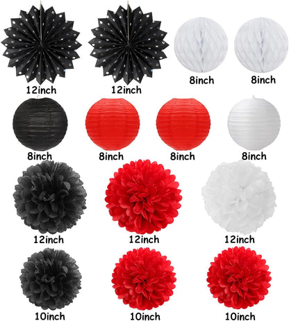 Black White-Red Party-Decorations Streamers Lanterns - 14pcs Birthday Graduation 2025 Paper Honeycomb Fan,Tissue Pom Poms,Men Women Wedding Baby Shower Backdrop Supplies Decor Ouruola