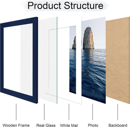 10x14 Picture Frame Set of 4, 10 x 14 Wood Photo Frames with Mat for 8x12 or 30x40cm Diamond Painting Art, Wooden Frame with Real Glass Cover for Wall and Tabletop Display,Blue