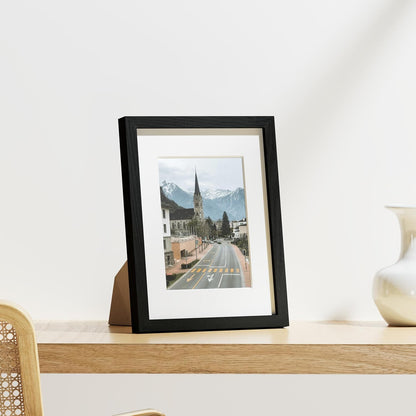 Vittanly 8.5x11 Picture Frames Set of 9, Shatter Resistant Plexiglass, Display 6x8 Pictures with Mat or 8.5x11 without Mat, Photo Frames for Wall or Tabletop, Engineered Wood, Black