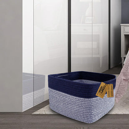 COMFY-HOMI Rectangular Cotton Rope Basket With Handles for Shelves|Dog Toy|Baby Gift - Dark Blue (13.5" x 11" x 9.5")