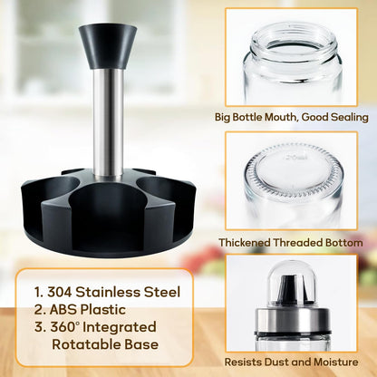 Mlici Oil and Vinegar Dispenser Set of 6 Bottles, Stainless Steel Salt Pepper Holder with 360° Rotating Holder, Cruet Soy Sauce - Premium Glass Condiment for Kitchen, Tabletop, Kitchen Containers