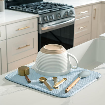 S&T INC. Dish Drying Mat, 16” x 18”, Absorbent Microfiber Kitchen Counter Mat, Dish Drying Pad for Dishes, Utensils, Pots and Pans, Large, Sky Blue