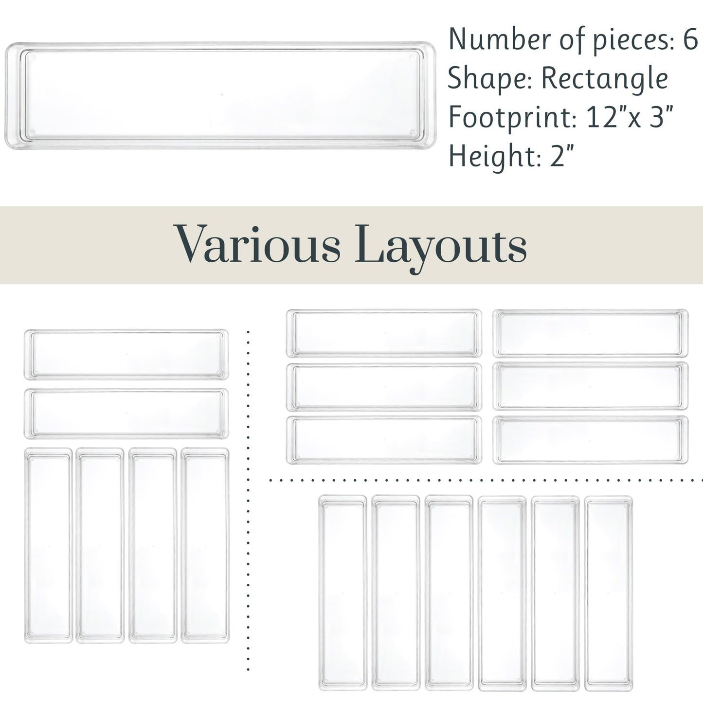 STORi SimpleSort 6-Piece Stackable Clear Drawer Organizer Set | 12" x 3" x 2" Rectangle Trays |