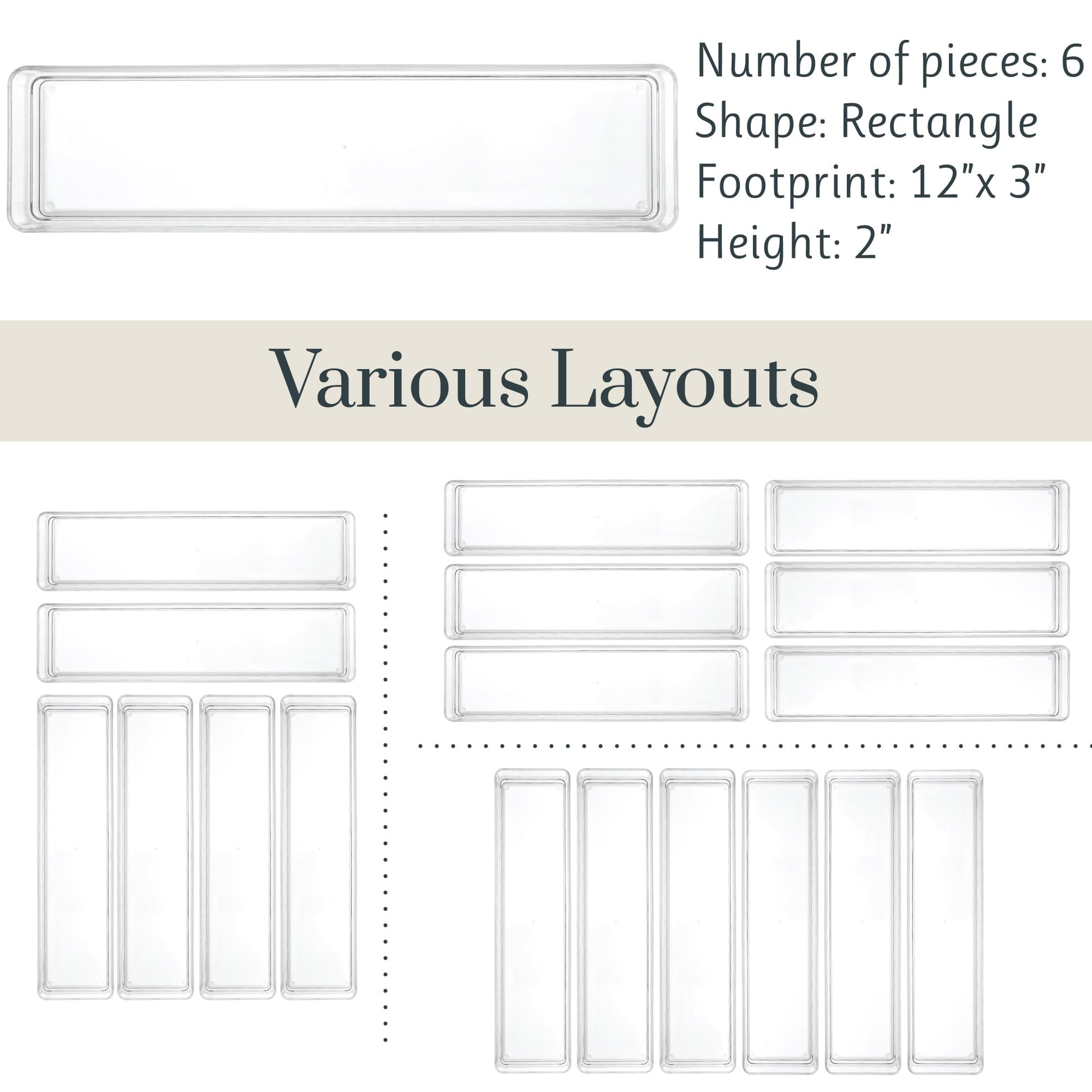 STORi SimpleSort 6-Piece Stackable Clear Drawer Organizer Set | 12" x 3" x 2" Rectangle Trays |