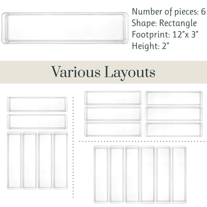 STORi SimpleSort 6-Piece Stackable Clear Drawer Organizer Set | 12" x 3" x 2" Rectangle Trays |