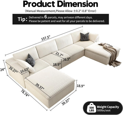 157.5" Cloud Couch Oversized Modular Sectional Sofa for Living Room,Modern Sofa with Deep Seat，U-Shape Boneless Couch with 2 Ottoman,Comfy Upholstered Couches for Apartment, Studio, Office,White