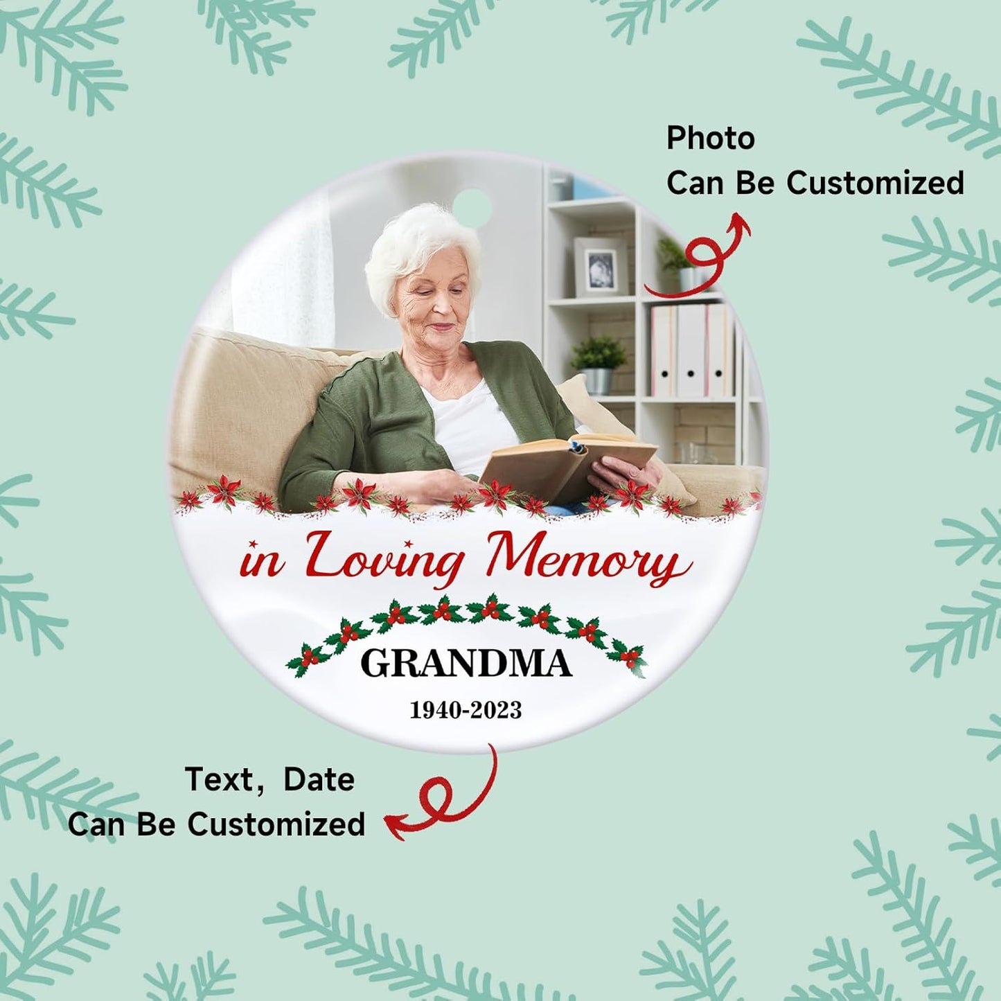 Valyria Personalized Memorial Christmas Photo Ornament, in Loving Memory Ceramic Custom Christmas Ornament 2025 Memorial Ornaments for Loss of Loved Ones Xmas Sympathy Ornament