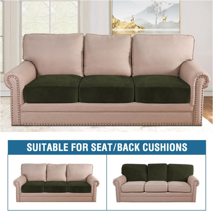 H.VERSAILTEX Velvet Stretch Couch Cushion Cover Plush Cushion Slipcover for Chair Loveseat Sofa Cushion Furniture Protector Seat Cushion Sofa Cover (3 Piece Sofa Cushion Covers, Olive)