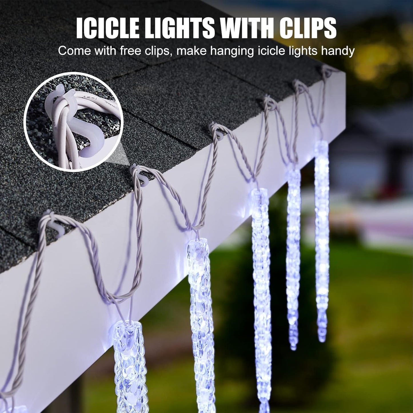 Minetom Icicle Lights Outdoor with Clips, 10ft 50 LED 10 Tubes Twinkling Ice Shape String Lights, Connectable Hanging Christmas Lights Plug in for Eave Holiday Outdoor, Cool White