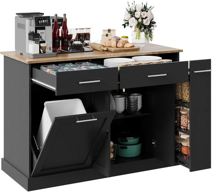 4 EVER WINNER Kichen Island with Storage,Rolling Kitchen Island Cart on Wheels,Mobile Island with Wooden Countertop for Kitchen,Black