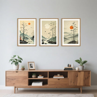 Celestdeco Chinoiserie Bamboo Forest Framed Canvas Wall Art Set, Nature Tree Lakes Wall Decor, Minimalist Zen Landscape Wall Painting, Watercolor Art Prints for Living Room, Bedroom, Office 24"X36"X3