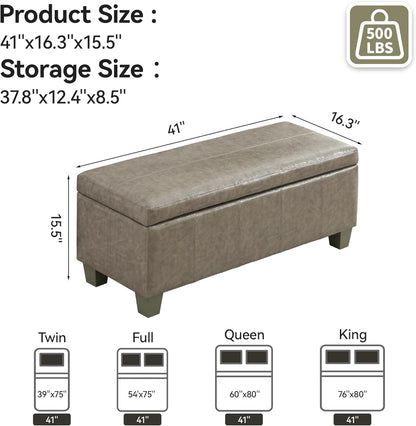 41" Faux Leather Storage Ottoman, Stitch Tufted Rectangle Upholstered End of Bed Storage Bench, Entryway Large Couch Ottoman with Wooden Legs,Grey