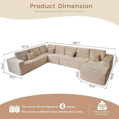 HOOOWOOO Cloud Sectional Couches for Living Room,Modular Sectional Sofa No Assembly,165X110 Inch Plush Corduroy Large U Shaped Floor Couch Set with Deep Seat Chaise Lounge(Beige)