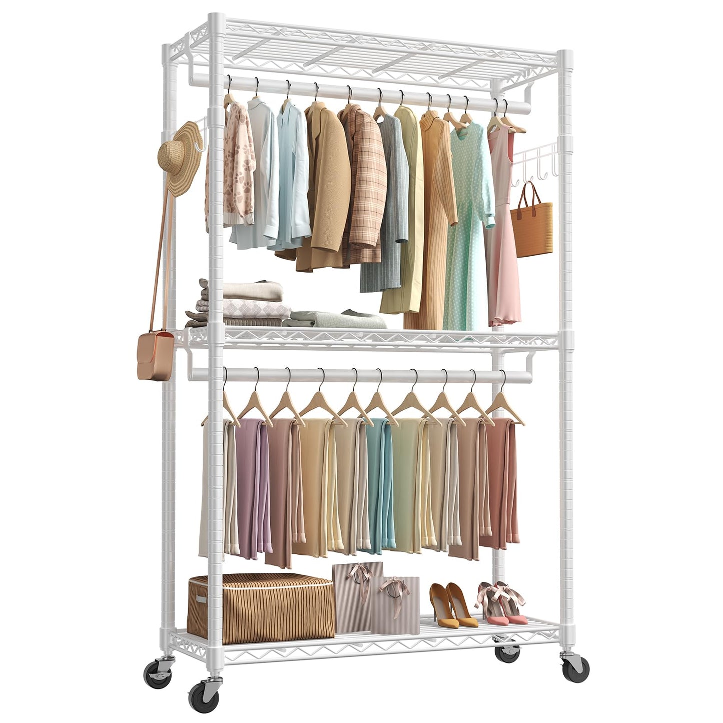 OLIXIS Clothes Rack Heavy Duty Adjustable Garment Clothing Rack with Wheels, Rolling Metal