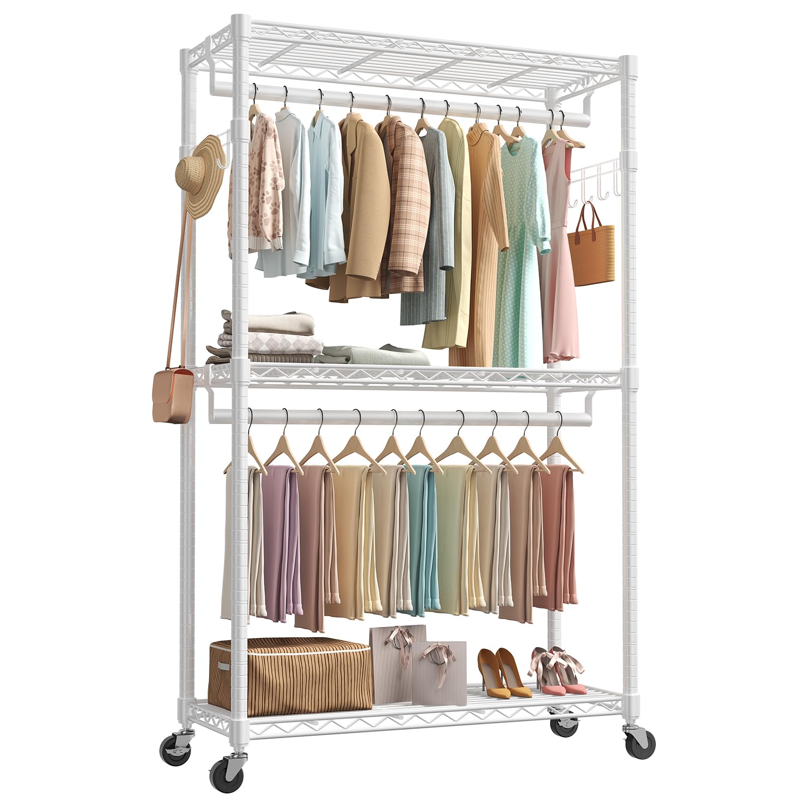 OLIXIS Clothes Rack Heavy Duty Adjustable Garment Clothing Rack with Wheels, Rolling Metal