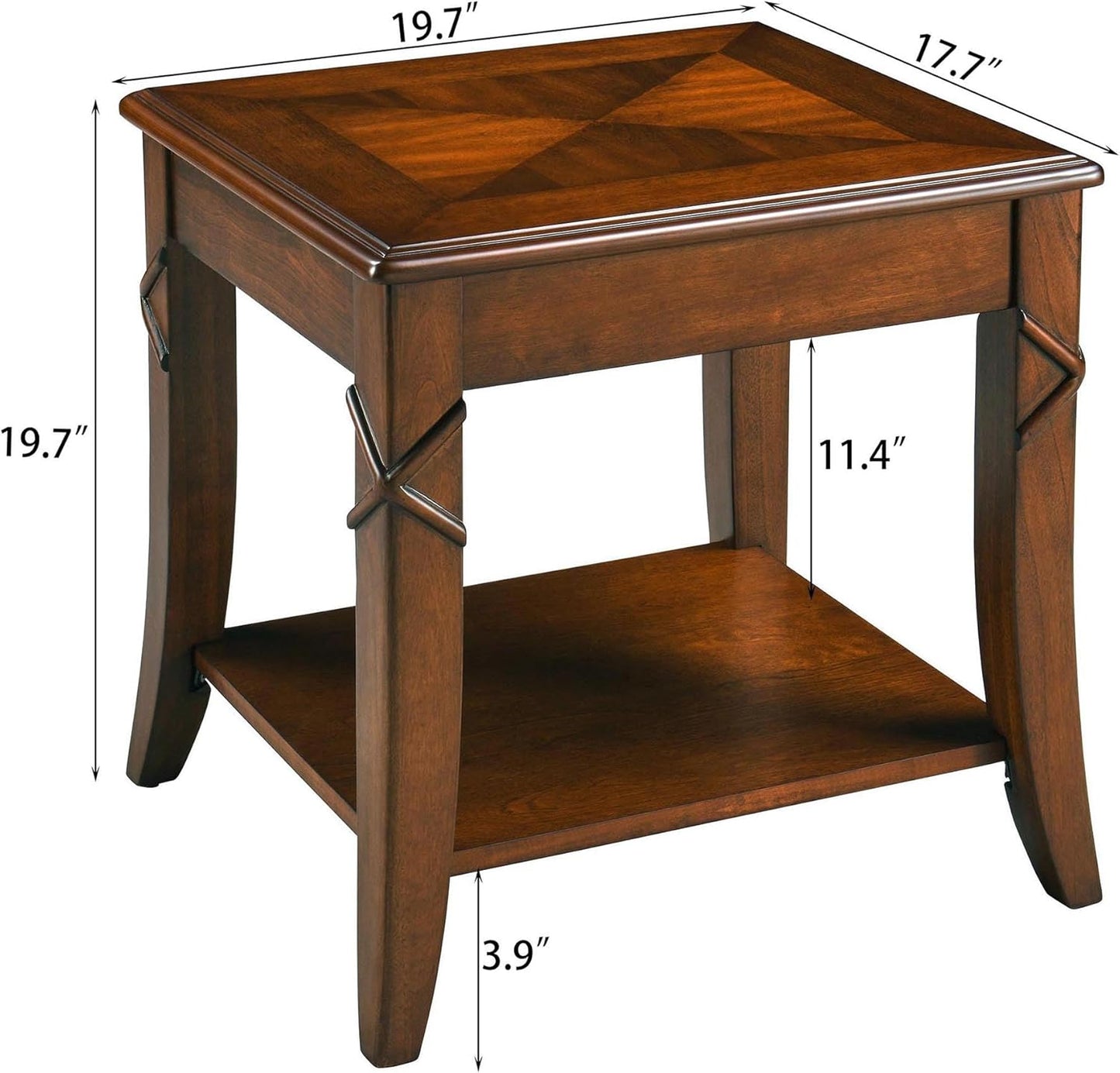 Solid Wood End Table with Storage Shelf, Vintage Rectangle Sofa Side Table with Splicing Tabletop and Carved Leg, BesideTelephone Table Cherry Brown,19.7 * 17.7 * 19.7in CJZ-DR200