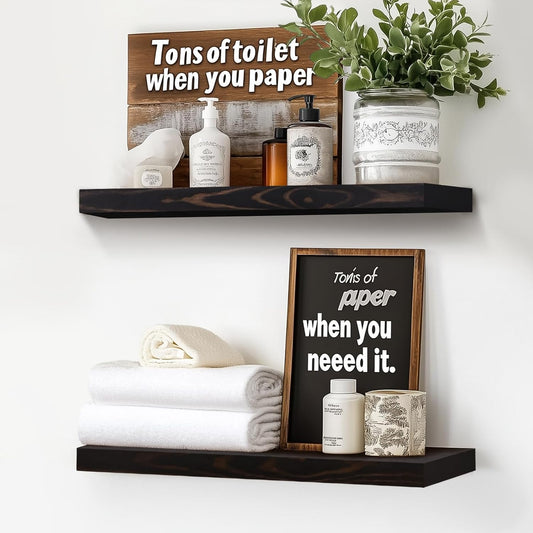 Floating Wall Shelves - 16"x6.8"x1.2" Sturdy Rustic Black Solid Wood Shelves for Storage and Décor, Easy Installation for Living Room, Bedroom, and Kitchen - 2 Pack