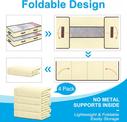 90L Under Bed Storage Containers, Closet Organizers and Storage Bins, Foldable Underbed Storage Bags for Blankets, Towels, Comforter, Sweaters, Pillows, Linen Sheets, Wrapping Paper, 4 Pack Beige